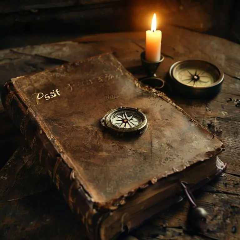 An antique leather-bound book titled 'Past Lives' on a dusty desk with a flickering candle, symbolizing past life comfort zones.