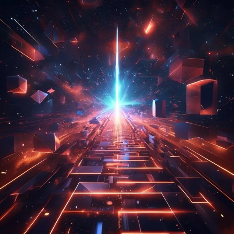 A futuristic, glowing pathway ascending towards a radiant star, surrounded by abstract geometric shapes, symbolizing spiritual evolution.
