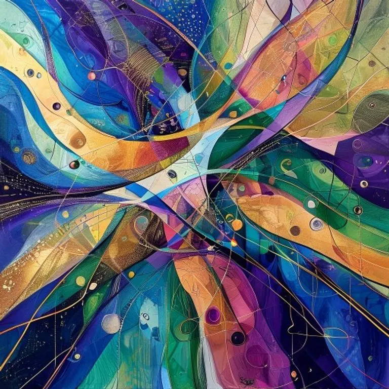 Pintura abstracta con colores vibrantes y formas orgánicas, representando el flujo de datos y la intersección de la lógica algorítmica con la emoción humana.