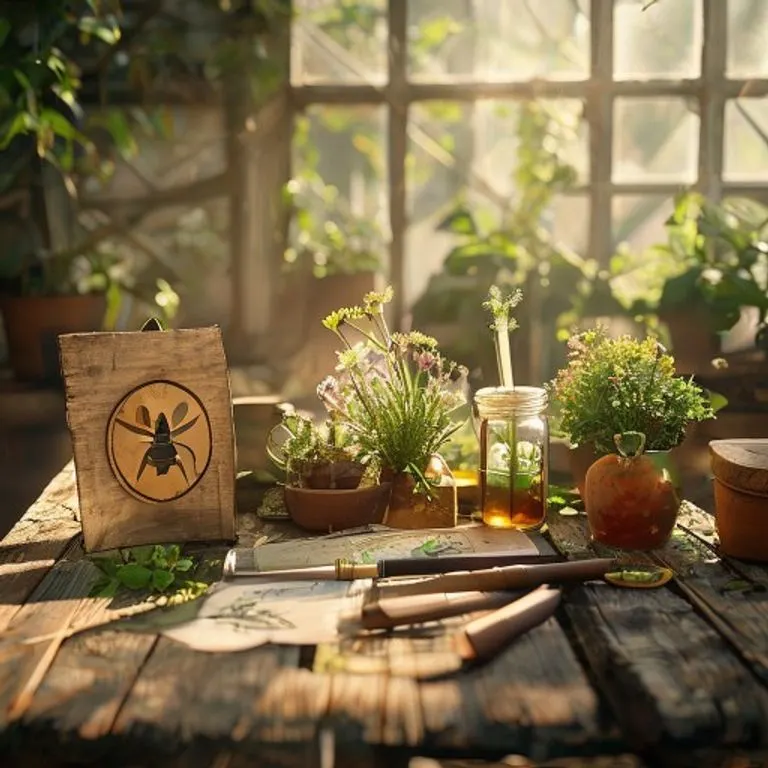 Bodegón cinematográfico de herramientas agroecológicas, incluyendo un letrero con un símbolo de abeja y un frasco de miel.