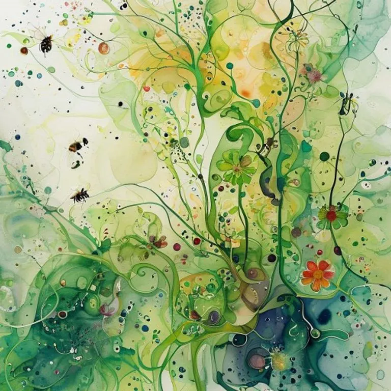 Pintura acuarela abstracta de un ecosistema vibrante con formas etéreas de abejorros integradas en la flora.