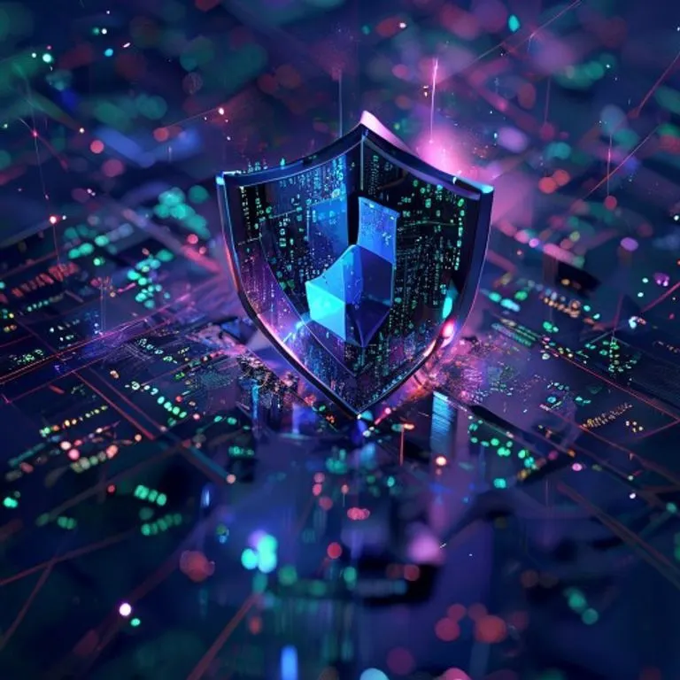 Representación 3D abstracta de un escudo digital entrelazado con código binario, simbolizando seguridad de datos.