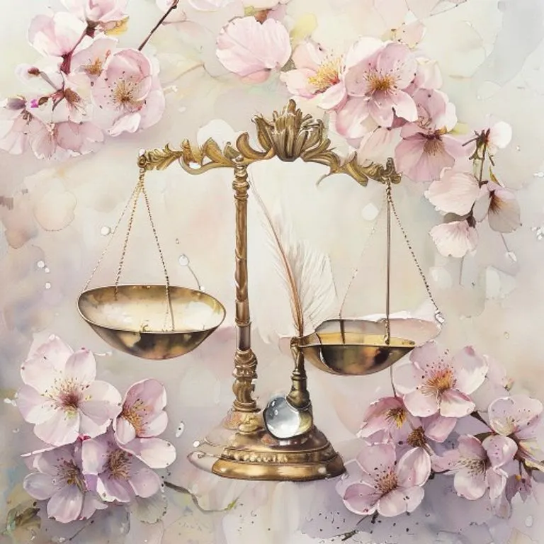 Pintura acuarela de una balanza antigua con una pluma y una gota de rocío, simbolizando el equilibrio de Libra.