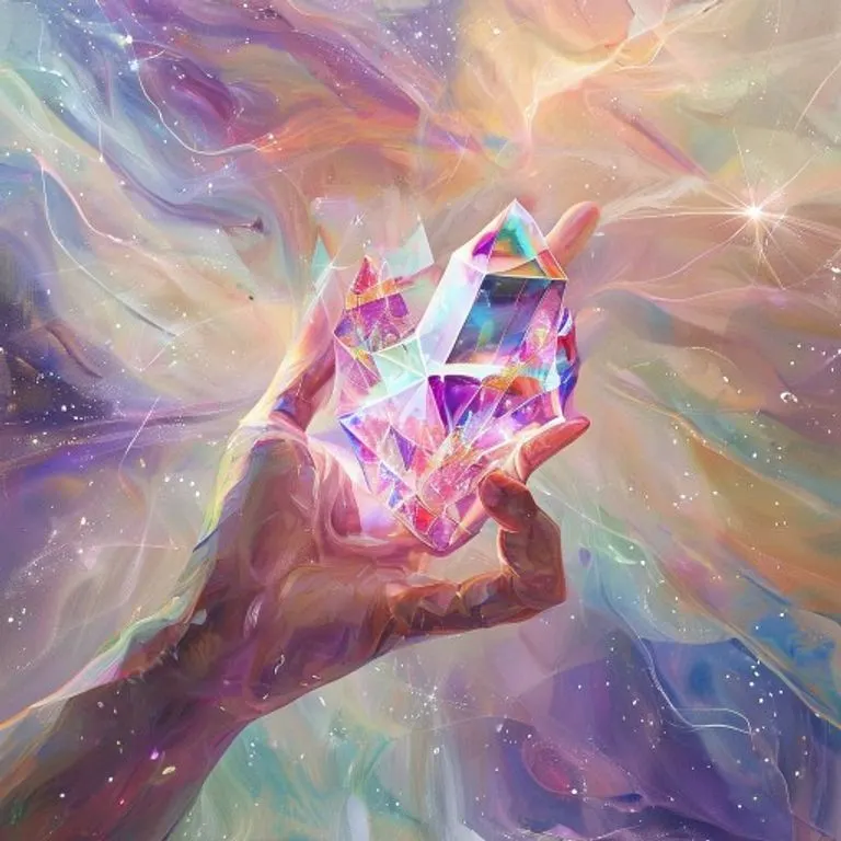 Pintura de una mano etérea programando un cristal con luz