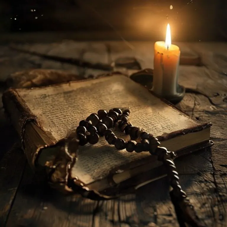 Bodegón cinematográfico de un rosario antiguo sobre un libro de oración abierto, iluminado por una vela parpadeante, evocando piedad y contemplación.