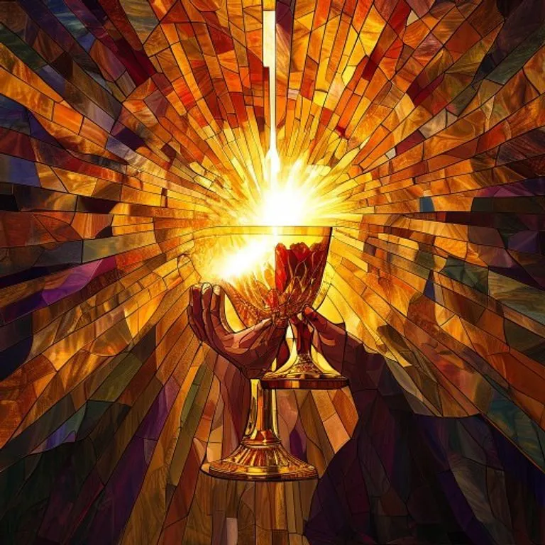 Arte conceptual estilo vitral que representa un cáliz y una hostia bañados en luz dorada, con rayos abstractos ascendentes, simbolizando la Eucaristía y la gracia divina.