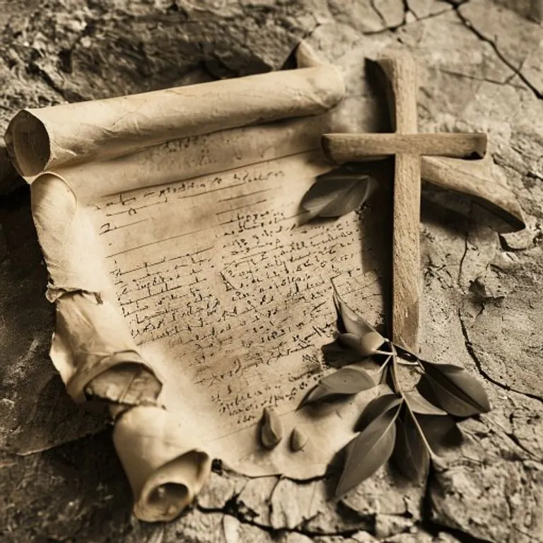 Un pergamino antiguo con escritura, una cruz de madera y hojas de olivo dispersas sobre piedra, simbolizando la antigüedad y la esencia del cristianismo.