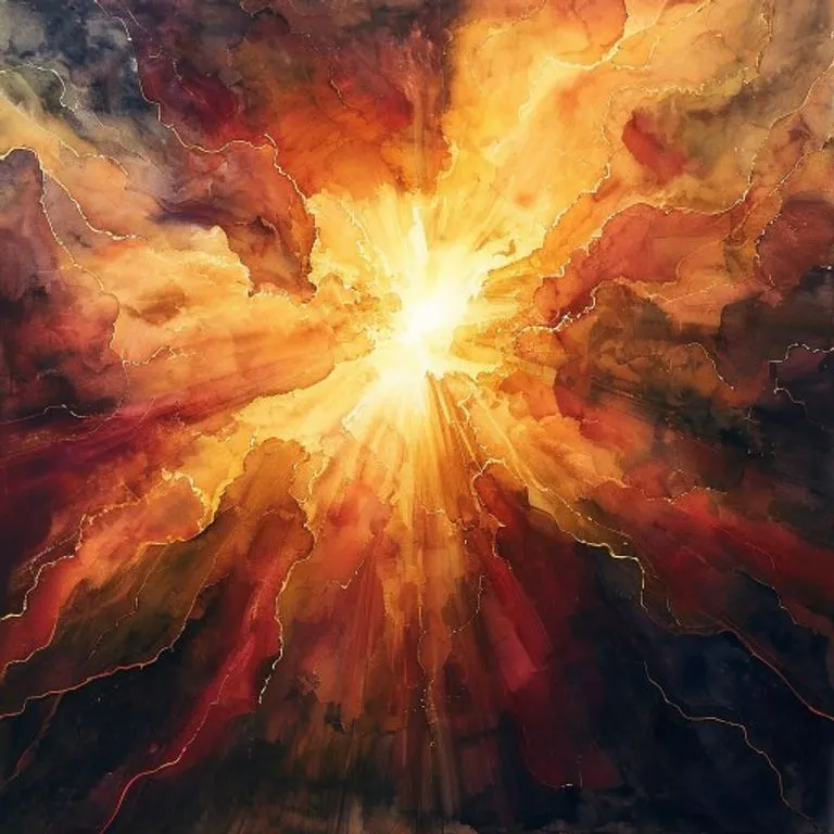 Pintura abstracta de acuarela con luz dorada irrumpiendo entre nubes oscuras, con tonos carmesí, simbolizando la esperanza y la intervención divina en la adversidad.
