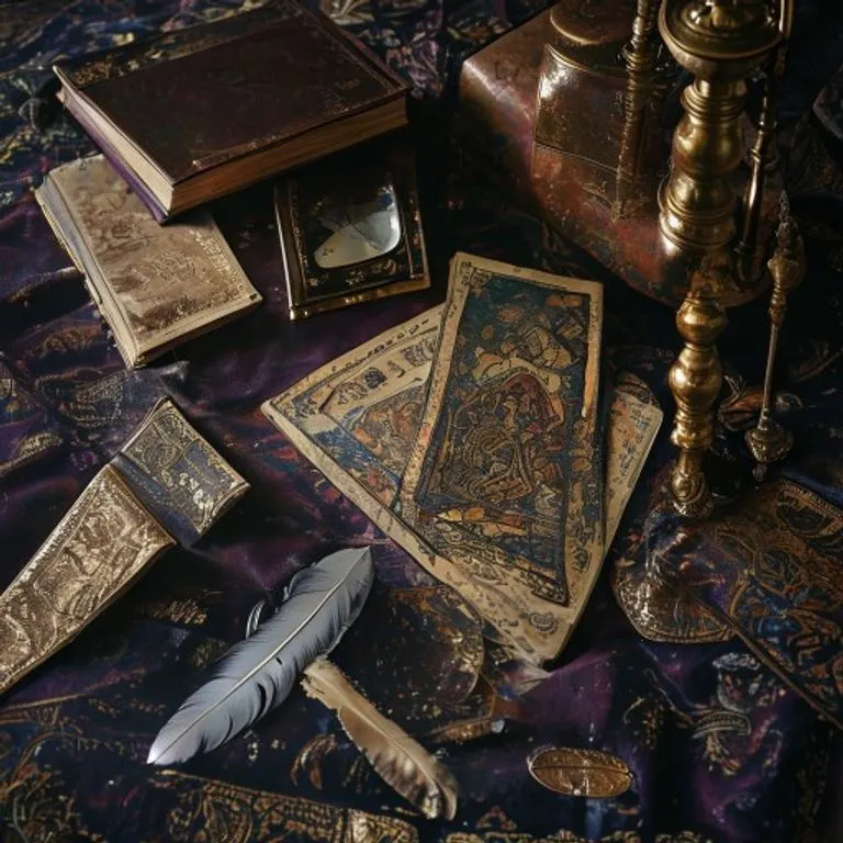 An oil painting of an antique Tarot deck surrounded by old books and an hourglass, symbolizing structured ancient wisdom.