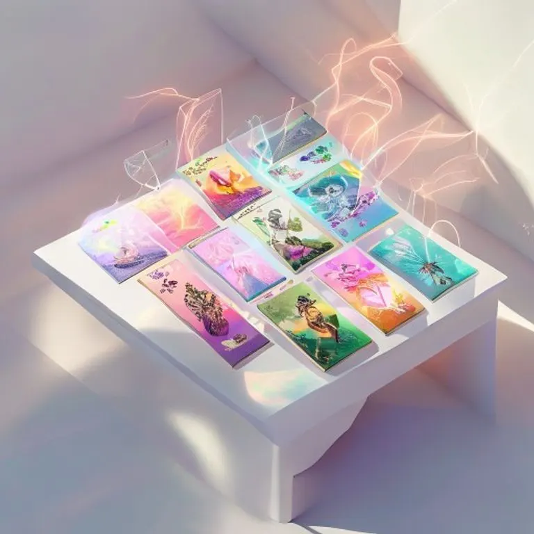 A 3D digital illustration of a modern Oracle card deck splayed open, surrounded by glowing abstract symbols, emphasizing freedom and intuition.