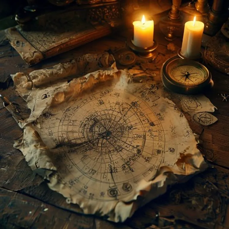 An ancient, weathered astrological chart unfurled on a heavy wooden desk, illuminated by the soft glow of a flickering candle. Nearby, a small, intricate compass points north, surrounded by scattered, hand-drawn elemental symbols on parchment, evoking a sense of deep study and timeless wisdom.