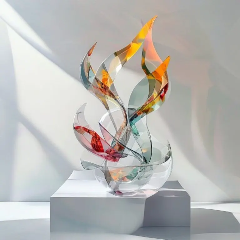 A minimalist sculpture crafted from translucent materials, representing the ethereal interplay of the four elements. Abstract forms of fire, earth, air, and water are intertwined, casting subtle, colored shadows on a pristine white pedestal, symbolizing their fundamental yet interconnected nature.