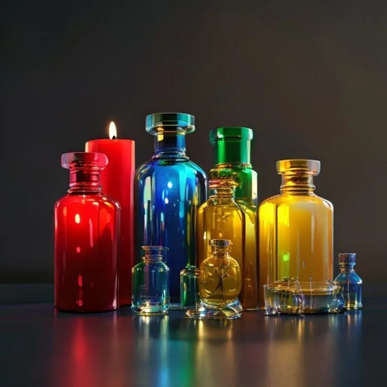 3D digital illustration of various colored pillar candles arranged with small, ornate glass vials of essential oils on a dark surface, symbolizing anointing tools.