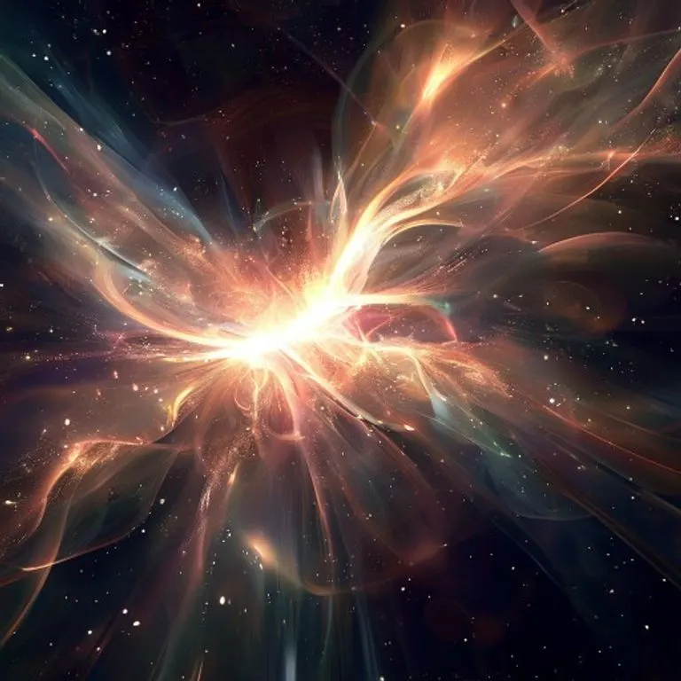 Abstract conceptual art depicting a dynamic swirl of luminous, energetic light patterns emanating from a central soft glow against a cosmic background, symbolizing manifestation.
