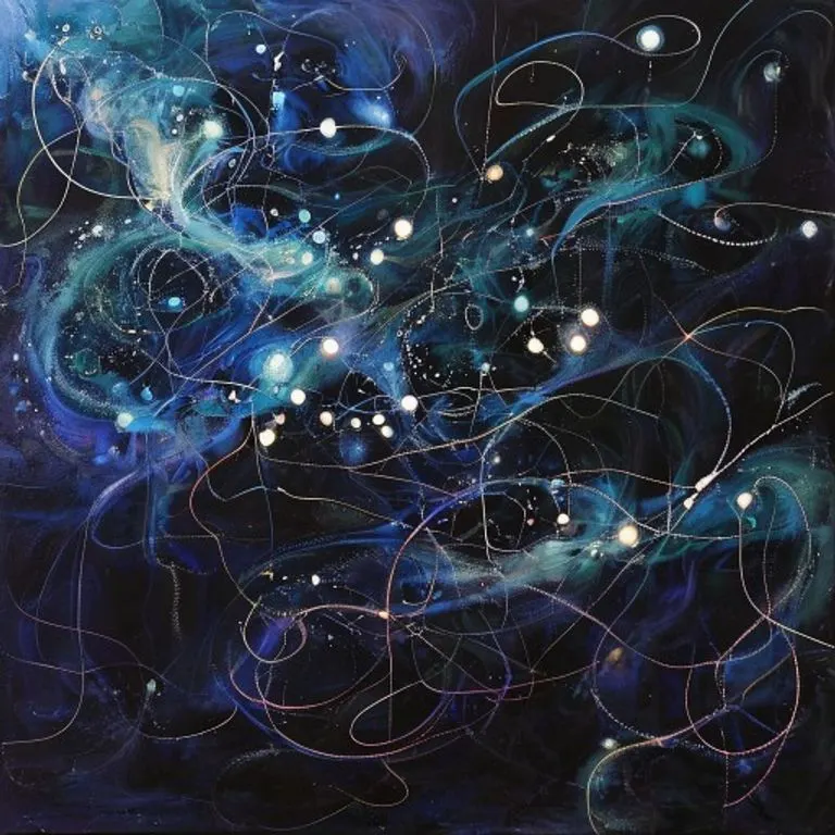 Abstract painting of swirling lines and luminous points, representing the subconscious mind and emerging insights.