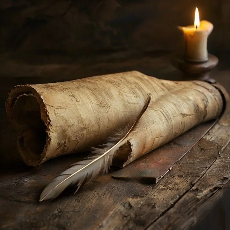 Pergamino antiguo y gastado sobre un escritorio de madera oscura, iluminado por la luz tenue de una ventana de vitrales, simbolizando la sabiduría y el legado de los santos.