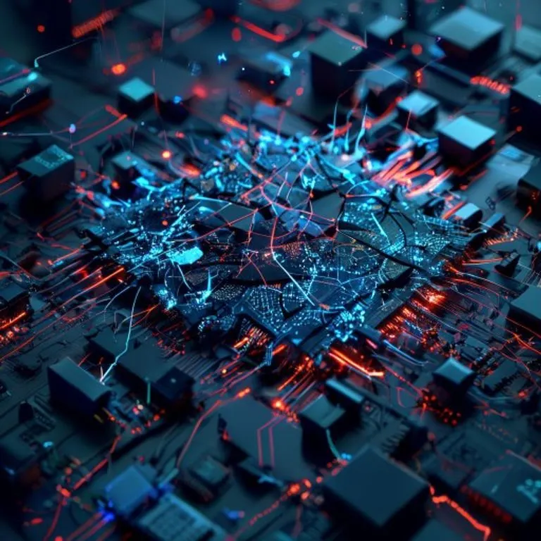 Render 3D de un paisaje digital fragmentado con formas geométricas oscuras y destellos rojos, simbolizando vulnerabilidades y amenazas ocultas en estructuras de datos rotas.