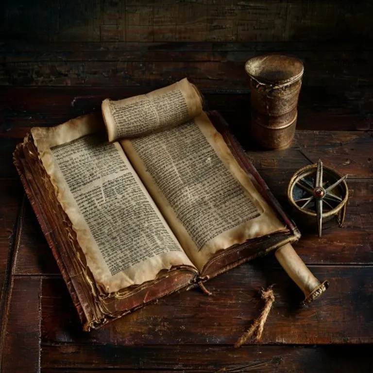 Still life of aged maritime bills of lading, cargo manifests, a brass compass, and a quill pen on a dark wood desk.