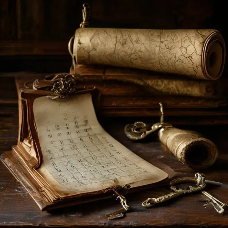A vintage ledger book open to a page with meticulously handwritten entries of financial transactions, coins scattered around, and a magnifying glass, depicting historical commercial accounting.