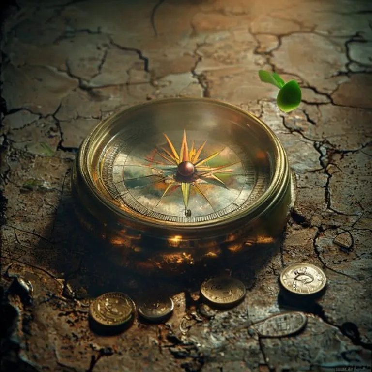 Naturaleza muerta con brújula apuntando al sol naciente, monedas internacionales y planta creciendo, simbolizando oportunidades y riesgos de inversión.
