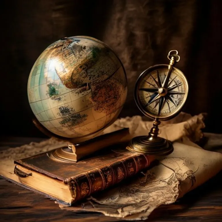 Bodegón cinematográfico de un globo terráqueo antiguo sobre una pila de libros de cuero, junto a un pasaporte gastado y una pluma, iluminado por una luz cálida, simbolizando el conocimiento y el viaje.