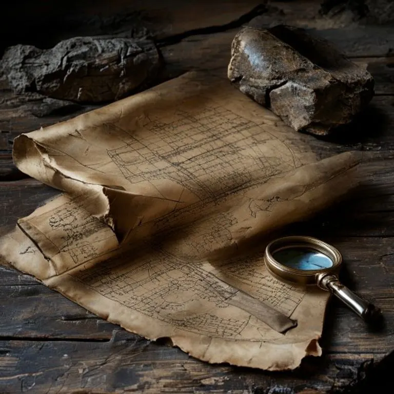 Fotografía cinematográfica de un escritorio antiguo con un libro de contabilidad, una pluma, una brújula de latón y monedas de oro.