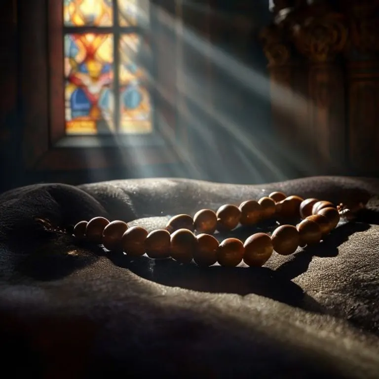 Rosario antiguo de madera con cuentas desgastadas sobre terciopelo, iluminado por un rayo de luz de una vidriera, creando sombras y reflejos profundos.
