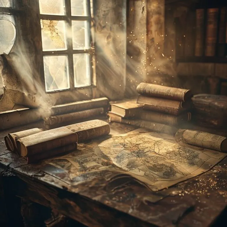 Una composición abstracta de mapas antiguos descoloridos, brújulas de latón y pergaminos enrollados sobre una mesa de madera oscura, con una luz suave que resalta las texturas. La escena evoca un sentido de viaje y descubrimiento histórico.