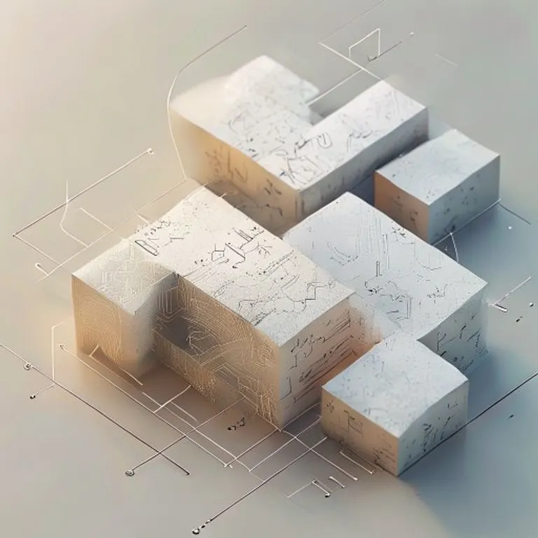 Abstract isometric 3D render of three interconnected 'A' blocks, textured with circuit patterns, map graphics, and musical notes, symbolizing the diverse applications of the AAA acronym.