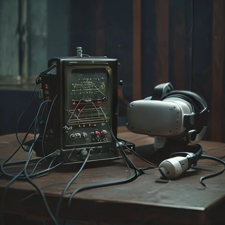 Bodegón cinematográfico de una máquina EEG vintage con electrodos y cables, junto a un visor de realidad virtual moderno, simbolizando la evolución tecnológica en tratamientos de salud mental.