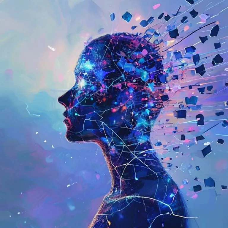 Pintura conceptual de una silueta humana fragmentada con líneas digitales brillantes que intentan reconectarla, sobre un fondo de azules y púrpuras suaves, simbolizando la restauración mental a través de la tecnología.