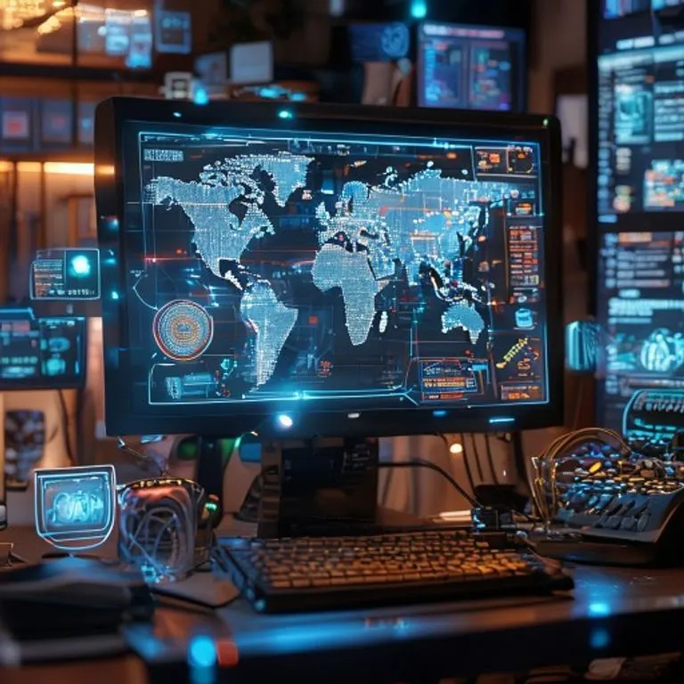 Bodegón cinematográfico de un monitor antiguo mostrando un mapa mundial pixelado, rodeado de interfaces holográficas de datos, simbolizando el impacto global de Google.