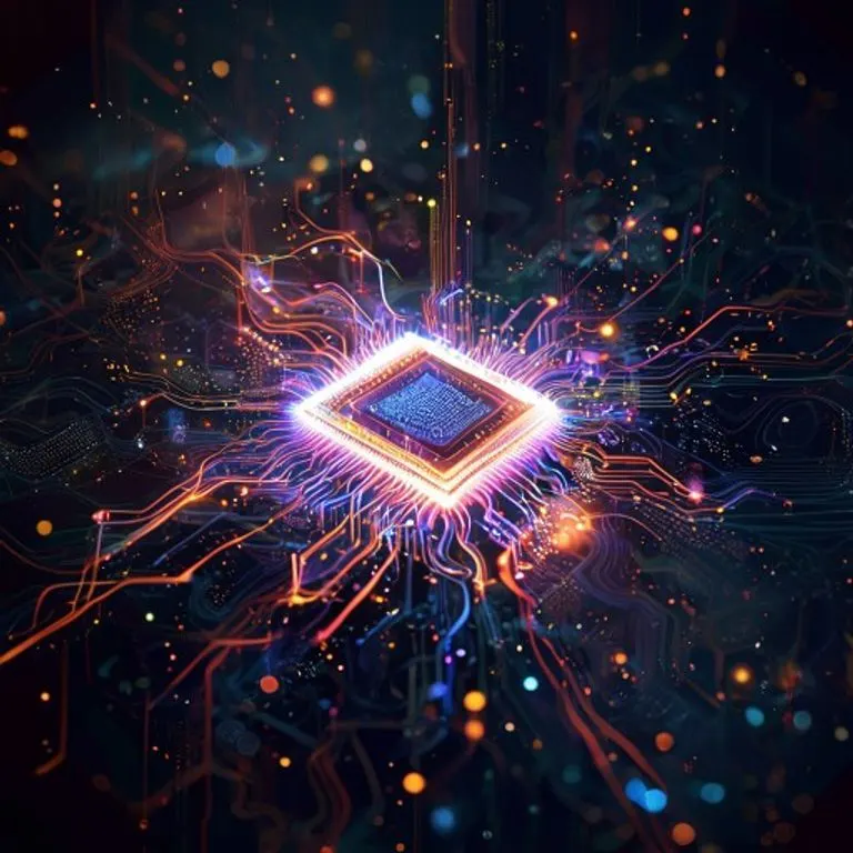 Arte conceptual abstracto de un chip de computación cuántica brillante con patrones de luz intrincados, rodeado de partículas de datos etéreas, representando la innovación futura de Google.