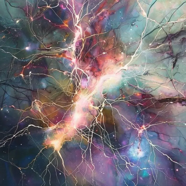 Pintura conceptual de redes neuronales y pensamientos subconscientes en colores pastel.