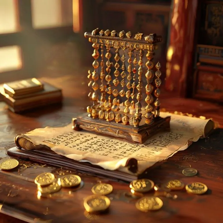 A meticulously crafted, ornate antique Chinese abacus resting on a polished dark wood desk, surrounded by scattered gold coins and a partially unrolled parchment with elegant calligraphic characters. Soft, warm light highlights the intricate details, suggesting financial planning and wisdom.