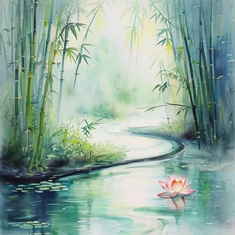 A serene, flowing river winding through a lush, misty bamboo forest at dawn. The colors are soft and harmonious, with gentle transitions between greens, blues, and grays. A single, delicate lotus flower floats peacefully on the water's surface, symbolizing health and tranquility.