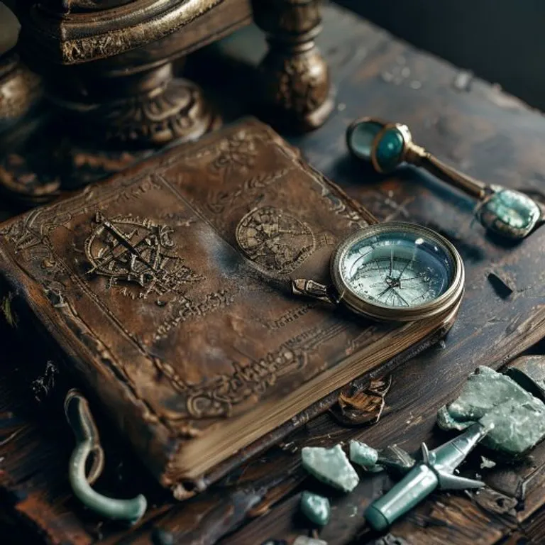 An antique, leather-bound book titled 'Ancient Wisdom' open on a dark wooden desk, surrounded by a compass, magnifying glass, and jade pieces, illuminated by an ethereal glow.
