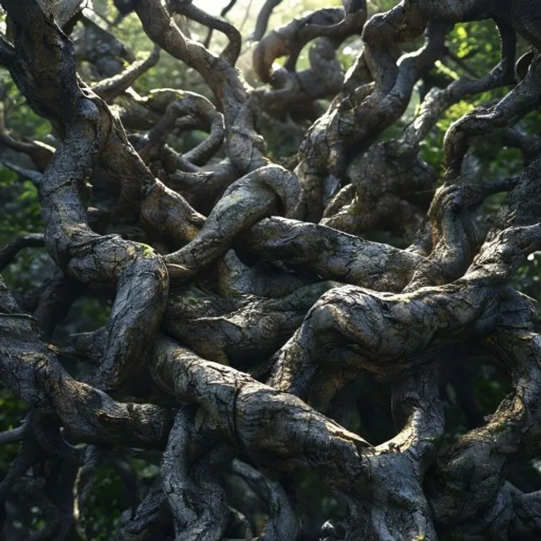A complex, organic intertwining of thick, gnarled tree roots forming an intricate knot, bathed in soft, dappled forest light, symbolizing deep connections and resilience.