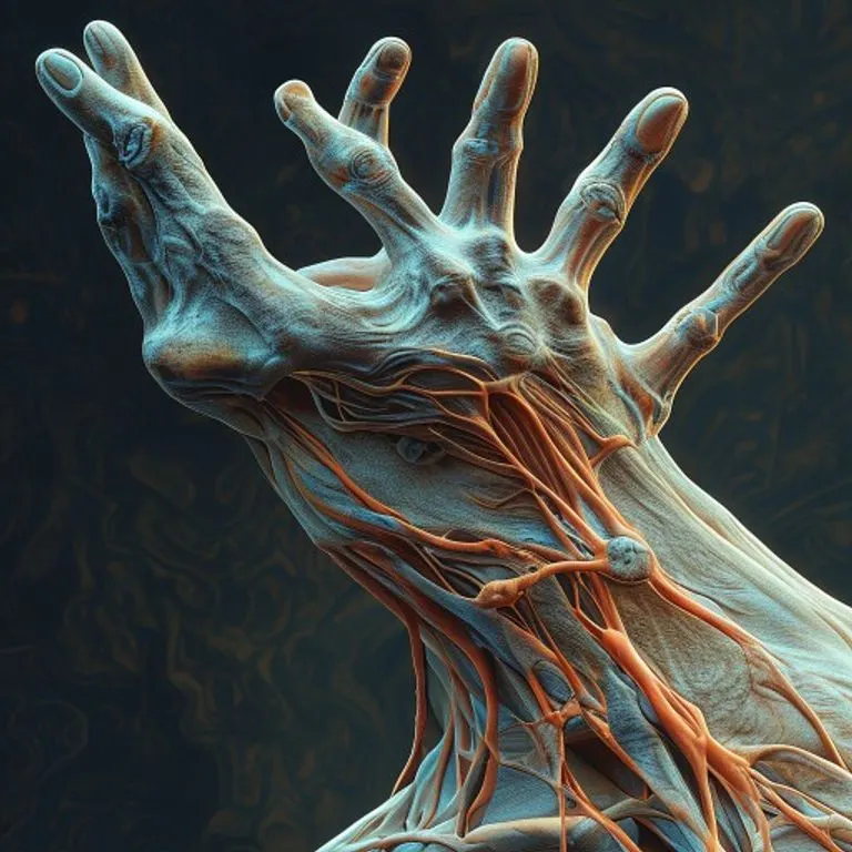 A cinematic still life showing a medical examination table with a hand splint designed for thumb support, a small bottle of non-steroidal anti-inflammatory drugs (NSAIDs), and a detailed diagnostic chart illustrating the anatomy of the thumb and wrist, specifically highlighting the area affected by De Quervain's tenosynovitis. The scene is well-lit, focusing on the medical tools and anatomical representations.