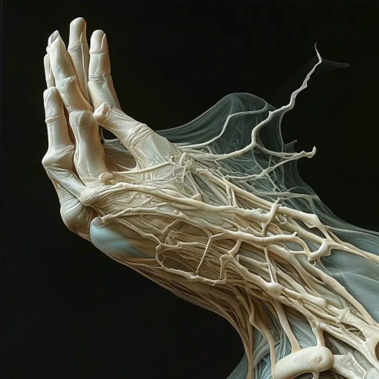 Abstract 3D render illustrating the complex interplay of muscle fibers and tendons within the human hand. A prominent, elongated fiber representing the Abductor Pollicis Longus is shown stretching and contracting, connected to a stylized skeletal structure of the thumb. The composition uses dynamic lines and subtle gradients to convey movement and biomechanical efficiency in a futuristic, conceptual art style.