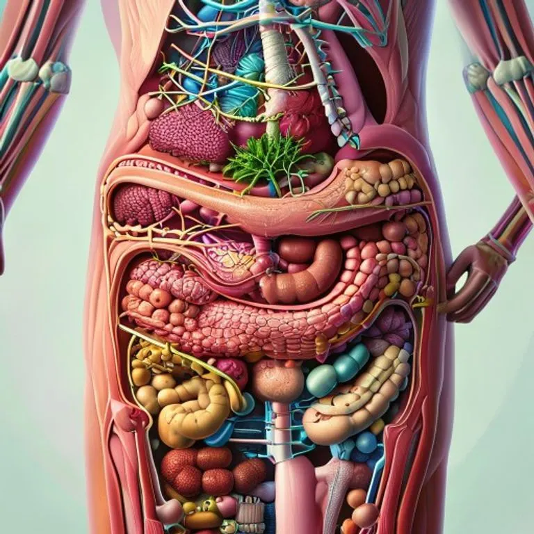 3D digital illustration of a cross-section of the human abdomen, showcasing various organs like the stomach, intestines, liver, and kidneys, arranged in a clear, educational manner with soft, natural lighting. Emphasize anatomical precision and depth.