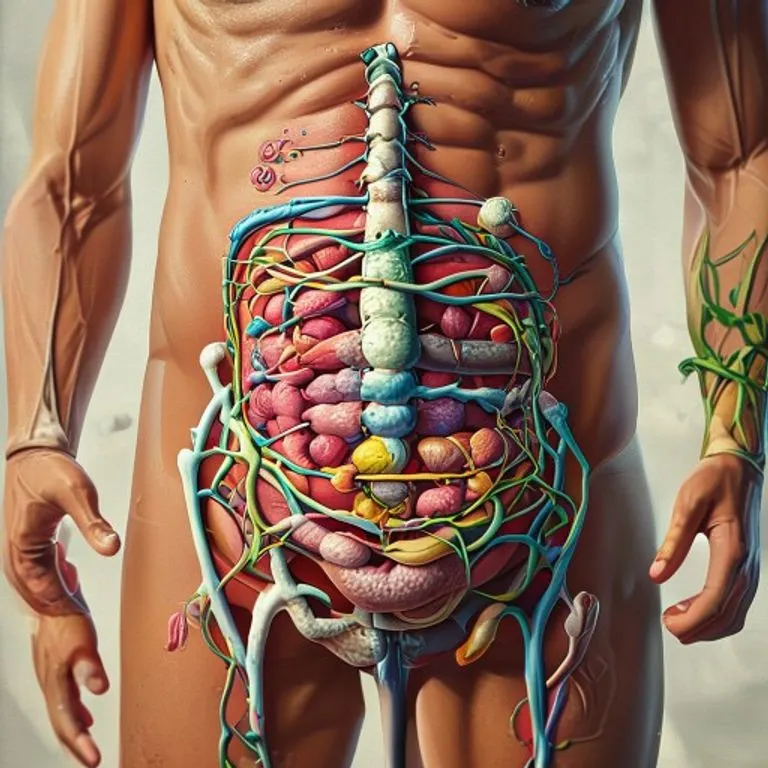 Abstract Conceptual Art, fluid dynamics style, depicting the interconnectedness of internal systems within the abdominal region. Swirling patterns of blue, green, and purple hues represent metabolic processes and energy flow, with subtle, organic shapes suggesting organs without explicit detail. Dynamic and vibrant.