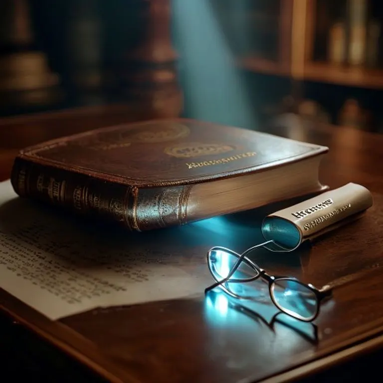 Una escena de bodegón cinematográfico con un libro antiguo de 'Principios de Criptografía', un USB moderno con luz azul y gafas vintage sobre un escritorio de madera.
