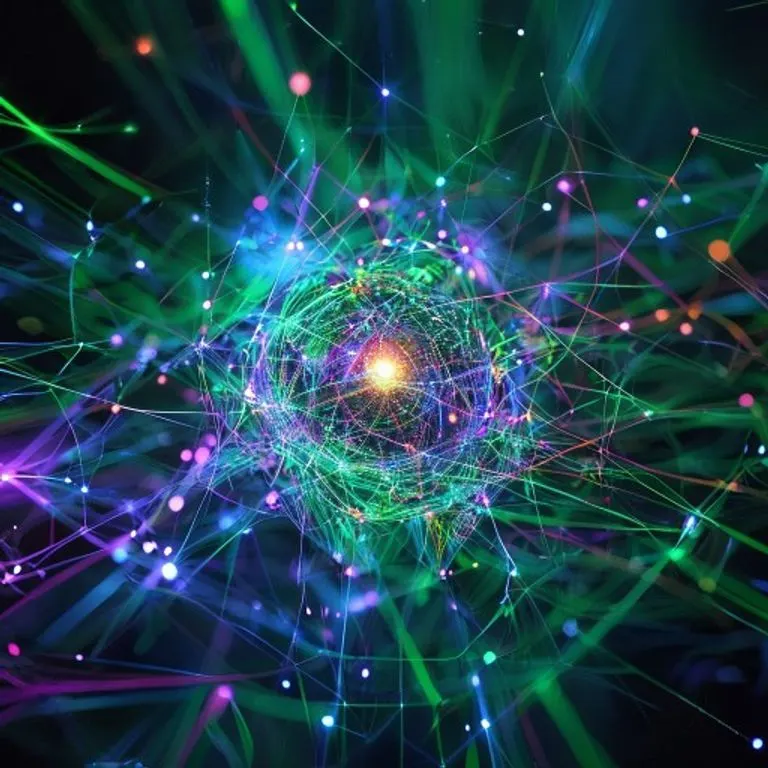 Una red abstracta y vibrante de líneas y nodos luminosos que forman un escudo protector alrededor de una esfera de datos central, con conexiones seguras en tonos azules y verdes.