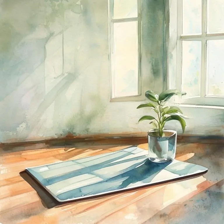 Pintura acuarela de un tapete de yoga minimalista, una planta en maceta y un vaso de agua en un ambiente sereno con luz natural.