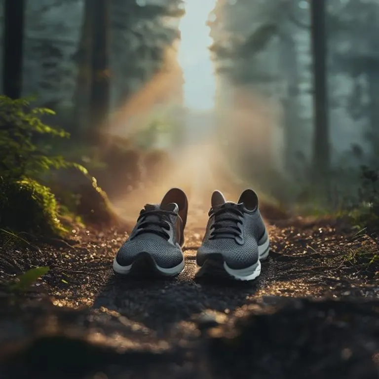 Fotografía cinematográfica de zapatillas de correr gastadas en un camino de tierra al amanecer, con un bosque brumoso al fondo.