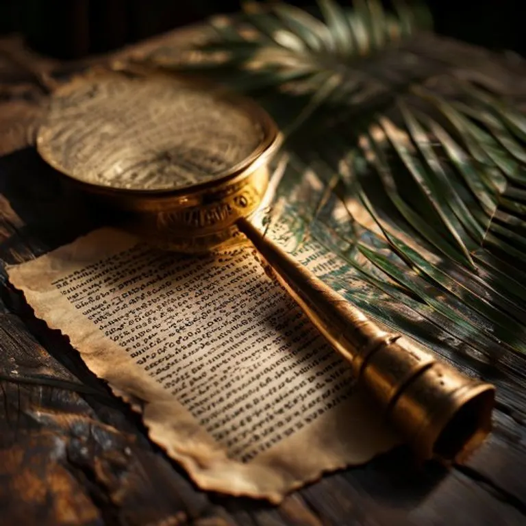 Astrolabio de latón vintage y manuscrito de hoja de palma con escritura sánscrita antigua sobre una mesa de madera oscura, fotografía macro.