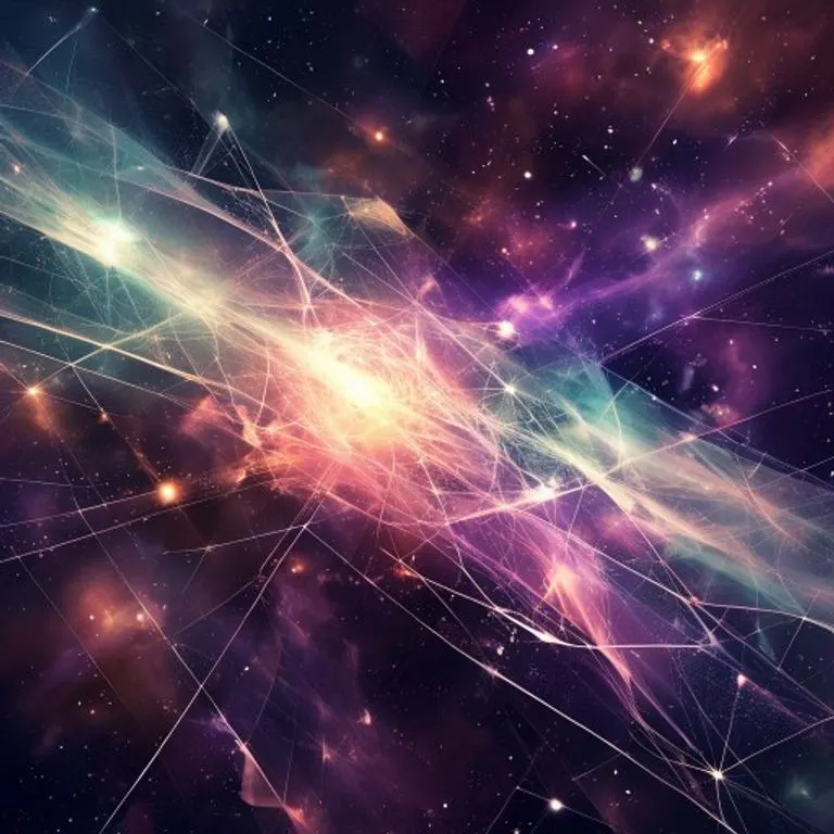 Representación abstracta de energía cósmica fluyendo a través de patrones geométricos interconectados, con nebulosas y polvo estelar, renderizado 3D.