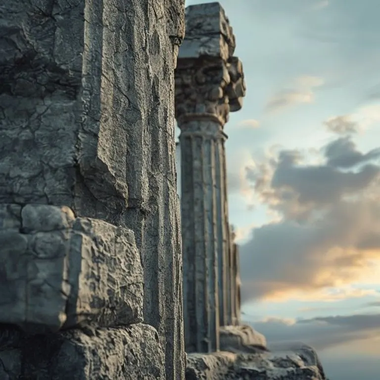 Naturaleza muerta cinematográfica de antiguos pilares de piedra desgastados que se mantienen firmes contra un cielo cambiante, simbolizando resistencia y estabilidad. Primer plano que se centra en la textura de la piedra y la luz sutil.