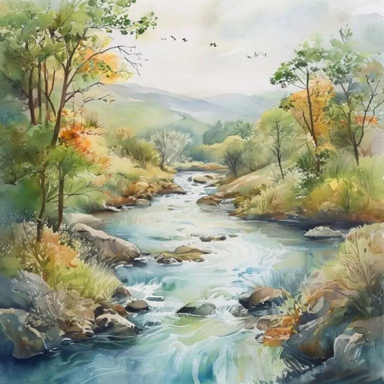 Pintura de acuarela que representa un río sereno que fluye a través de diversos paisajes, adaptándose sin problemas a su entorno, con cambios estacionales sutilmente insinuados en el fondo. Líneas suaves y fluidas y colores armoniosos.